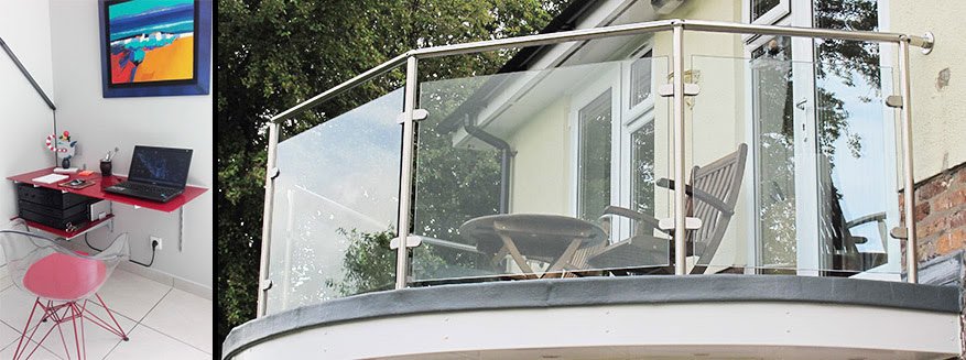 Étagère en Verre sur Mesure : maximiser l’espace avec panache ! 3 garde corps en verre sur mesure et plateau bureau en verre laque